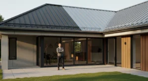 Ultra realistic homeowner standing outside house looking at metal roof, thinking or analyzing roofing options, subtle comparison concept, bright daylight, modern home exterior, realistic shadows, 8k