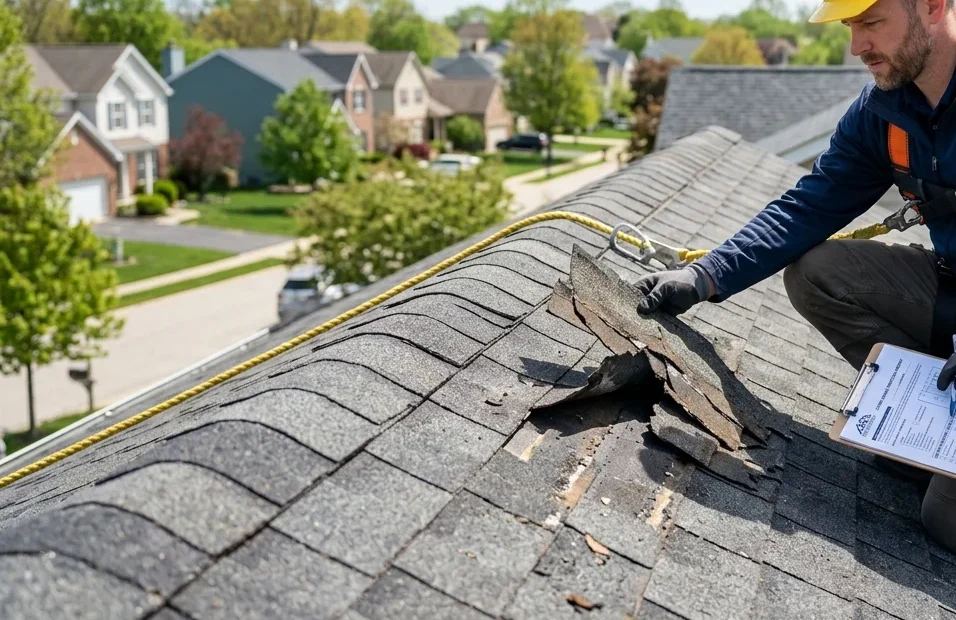 Roofer examining storm-damaged
