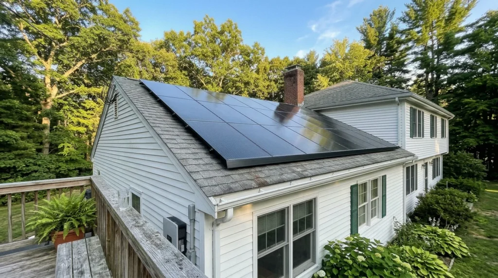 Solar panel installation on a colonial home roof in Great River, NY
