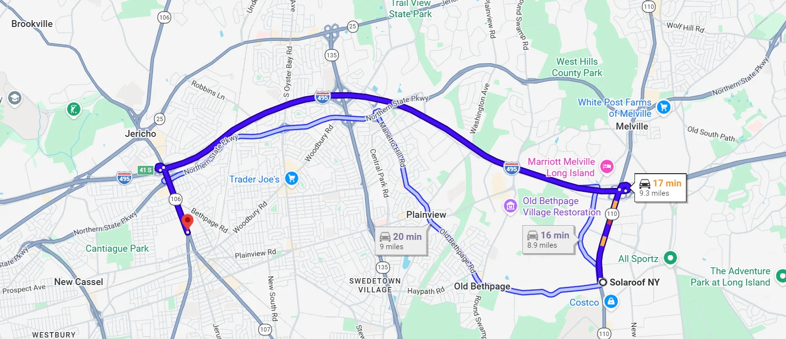 hicksville to solaroof NY map