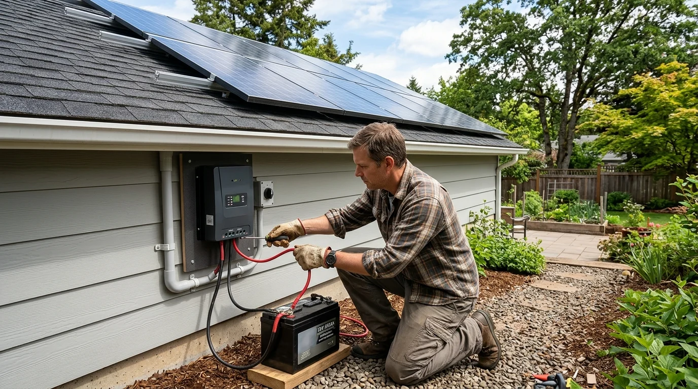 homeowner with solar panel and battery