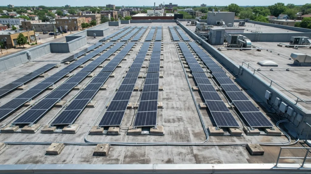 Flat roof ballasted solar racking installation