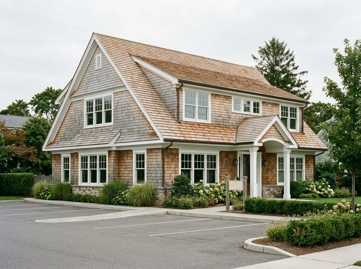 Cedar shake roof on a small commercial building in Long Island