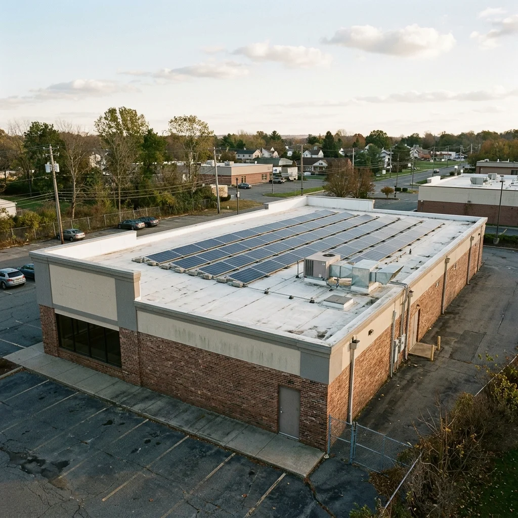 Commercial solar panels on a flat building roof