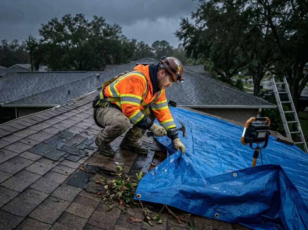 emergency roofing in process